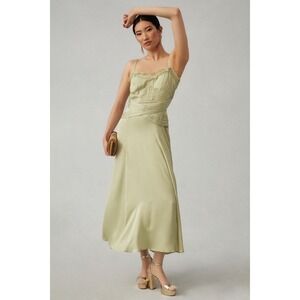 NWT Letmebe Anthropologie Sage Green Lace Trim Corset Midi Slip Dress Size M